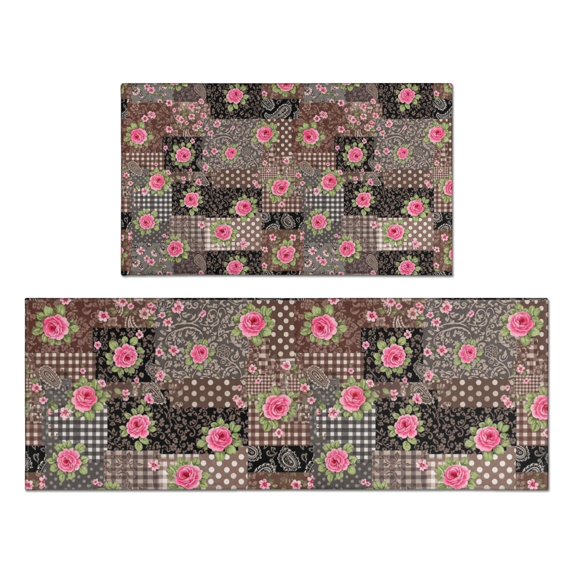 Pioneer Flower Floral Print Pattern Kitchen Rugs Sets Of 2, Anti Fatigue Non Slip Washable Floor Mats for Kitchen Sink Laundry, 17X30 Inch + 17X47 Inch
