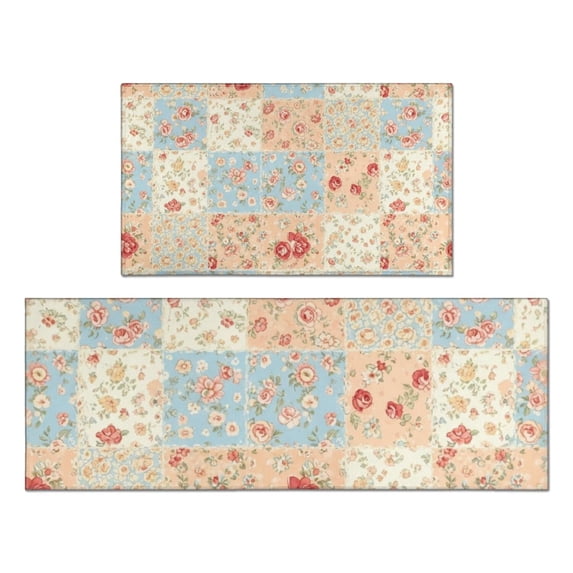 Pioneer Flower Floral Print Pattern Kitchen Rugs Sets Of 2, Anti Fatigue Non Slip Washable Floor Mats for Kitchen Sink Laundry, 17X30 Inch + 17X47 Inch