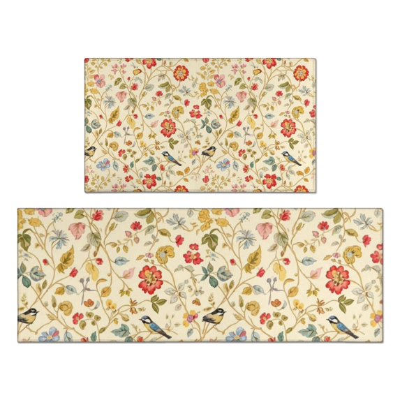 Pioneer Flower Floral Print Pattern Kitchen Rugs Sets Of 2, Anti Fatigue Non Slip Washable Floor Mats for Kitchen Sink Laundry, 17X30 Inch + 17X47 Inch