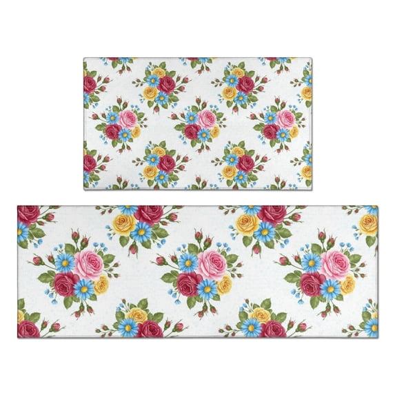 Pioneer Flower Floral Print Pattern Kitchen Rugs Sets Of 2, Anti Fatigue Non Slip Washable Floor Mats for Kitchen Sink Laundry, 17X30 Inch + 17X47 Inch