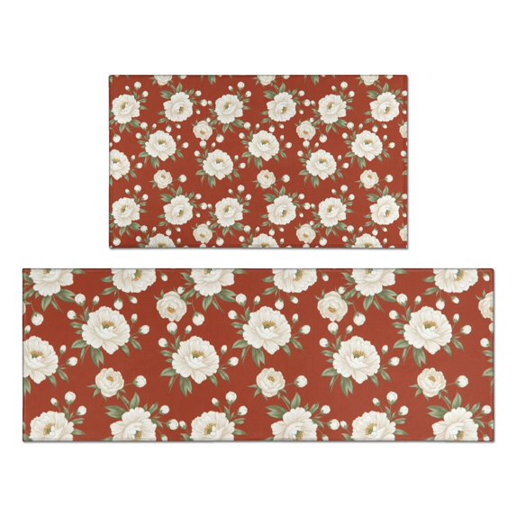 Pioneer Flower Floral Print Pattern Kitchen Rugs Sets Of 2, Anti Fatigue Non Slip Washable Floor Mats for Kitchen Sink Laundry, 17X30 Inch + 17X47 Inch