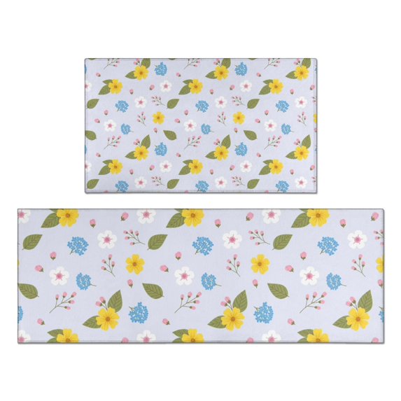Pioneer Flower Floral Print Pattern Kitchen Rugs Sets Of 2, Anti Fatigue Non Slip Washable Floor Mats for Kitchen Sink Laundry, 17X30 Inch + 17X47 Inch