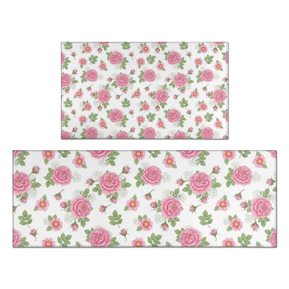 Pioneer Flower Floral Print Pattern Kitchen Rugs Sets Of 2, Anti Fatigue Non Slip Washable Floor Mats for Kitchen Sink Laundry, 17X30 Inch + 17X47 Inch
