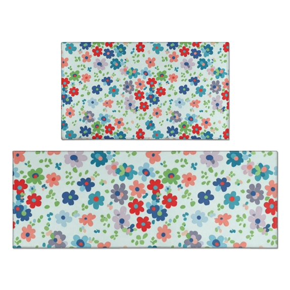 Pioneer Flower Floral Print Pattern Kitchen Rugs Sets Of 2, Anti Fatigue Non Slip Washable Floor Mats for Kitchen Sink Laundry, 17X30 Inch + 17X47 Inch