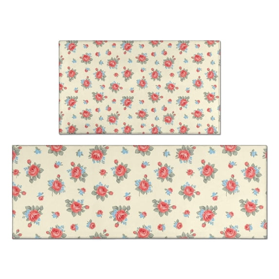 Pioneer Flower Floral Print Pattern Kitchen Rugs Sets Of 2, Anti Fatigue Non Slip Washable Floor Mats for Kitchen Sink Laundry, 17X30 Inch + 17X47 Inch