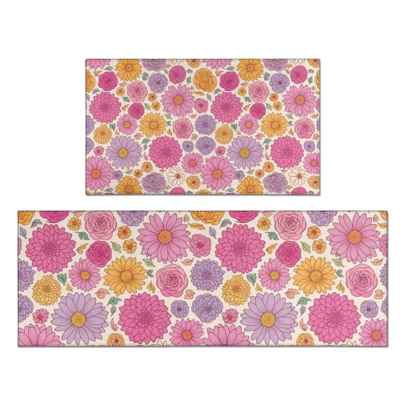 Pioneer Flower Floral Print Pattern Kitchen Rugs Sets Of 2, Anti Fatigue Non Slip Washable Floor Mats for Kitchen Sink Laundry, 17X30 Inch + 17X47 Inch