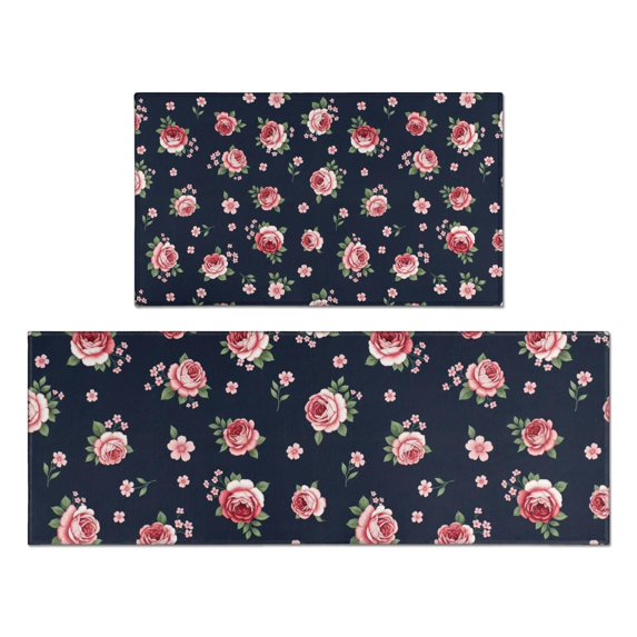 Pioneer Flower Floral Print Pattern Kitchen Rugs Sets Of 2, Anti Fatigue Non Slip Washable Floor Mats for Kitchen Sink Laundry, 17X30 Inch + 17X47 Inch