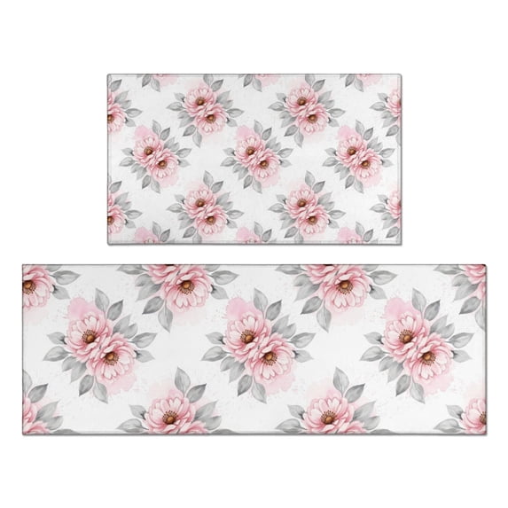 Pioneer Flower Floral Print Pattern Kitchen Rugs Sets Of 2, Anti Fatigue Non Slip Washable Floor Mats for Kitchen Sink Laundry, 17X30 Inch + 17X47 Inch