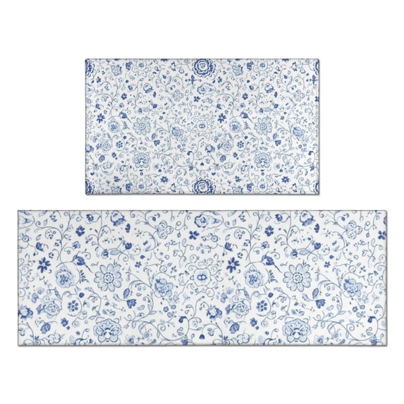 Pioneer Flower Floral Print Pattern Kitchen Rugs Sets Of 2, Anti Fatigue Non Slip Washable Floor Mats for Kitchen Sink Laundry, 17X30 Inch + 17X47 Inch