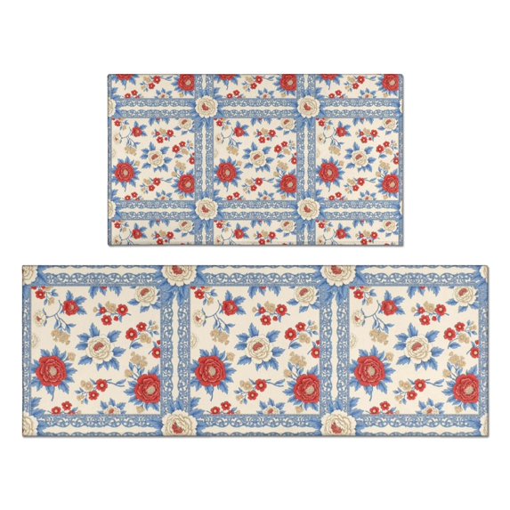 Pioneer Flower Floral Print Pattern Kitchen Rugs Sets Of 2, Anti Fatigue Non Slip Washable Floor Mats for Kitchen Sink Laundry, 17X30 Inch + 17X47 Inch