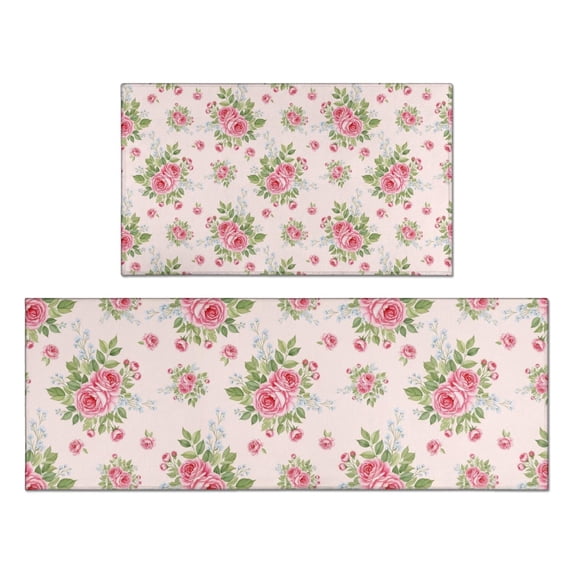 Pioneer Flower Floral Print Pattern Kitchen Rugs Sets Of 2, Anti Fatigue Non Slip Washable Floor Mats for Kitchen Sink Laundry, 17X30 Inch + 17X47 Inch
