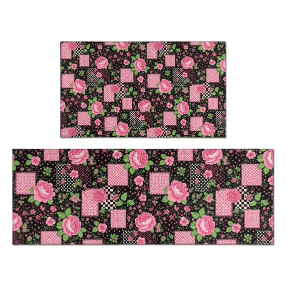 Pioneer Flower Floral Print Pattern Kitchen Rugs Sets Of 2, Anti Fatigue Non Slip Washable Floor Mats for Kitchen Sink Laundry, 17X30 Inch + 17X47 Inch