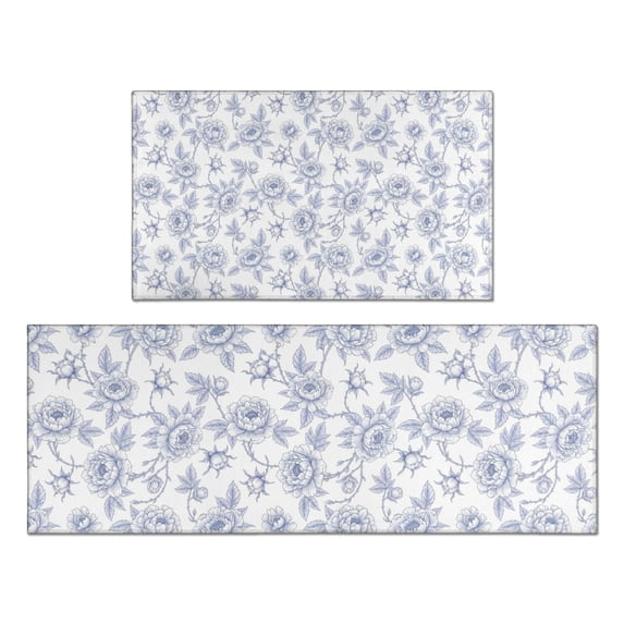 Pioneer Flower Floral Print Pattern Kitchen Rugs Sets Of 2, Anti Fatigue Non Slip Washable Floor Mats for Kitchen Sink Laundry, 17X30 Inch + 17X47 Inch