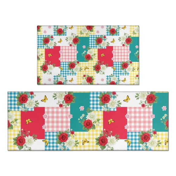 Pioneer Flower Floral Print Pattern Kitchen Rugs Sets Of 2, Anti Fatigue Non Slip Washable Floor Mats for Kitchen Sink Laundry, 17X30 Inch + 17X47 Inch