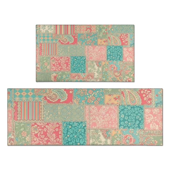 Pioneer Flower Floral Print Pattern Kitchen Rugs Sets Of 2, Anti Fatigue Non Slip Washable Floor Mats for Kitchen Sink Laundry, 17X30 Inch + 17X47 Inch