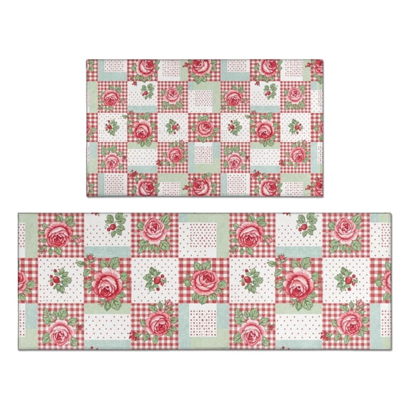 Pioneer Flower Floral Print Pattern Kitchen Rugs Sets Of 2, Anti Fatigue Non Slip Washable Floor Mats for Kitchen Sink Laundry, 17X30 Inch + 17X47 Inch