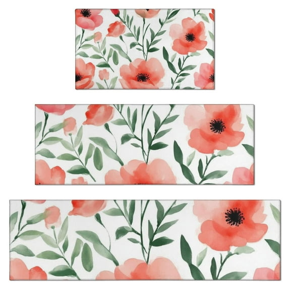 Pioneer Flower Floral Print Pattern Kitchen Rugs Sets Of 3,Kitchen Runner Rugs Non Skid Washable,Decorative Kitchen Floor Mats for Kitchen,Sink,Laundry,17"x30"+ 17"x47" + 17"x59"