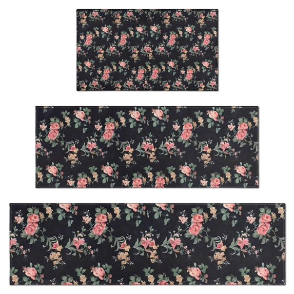 Pioneer Flower Floral Print Pattern Kitchen Rugs Sets Of 3,Kitchen Runner Rugs Non Skid Washable,Decorative Kitchen Floor Mats for Kitchen,Sink,Laundry,17"x30"+ 17"x47" + 17"x59"