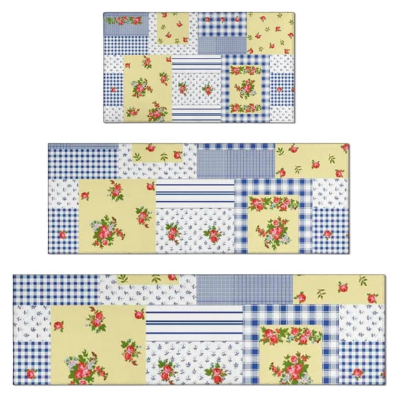 Pioneer Flower Floral Print Pattern Kitchen Rugs Sets Of 3,Kitchen Runner Rugs Non Skid Washable,Decorative Kitchen Floor Mats for Kitchen,Sink,Laundry,17"x30"+ 17"x47" + 17"x59"