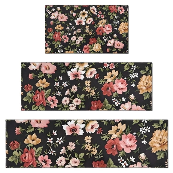 Pioneer Flower Floral Print Pattern Kitchen Rugs Sets Of 3,Kitchen Runner Rugs Non Skid Washable,Decorative Kitchen Floor Mats for Kitchen,Sink,Laundry,17"x30"+ 17"x47" + 17"x59"