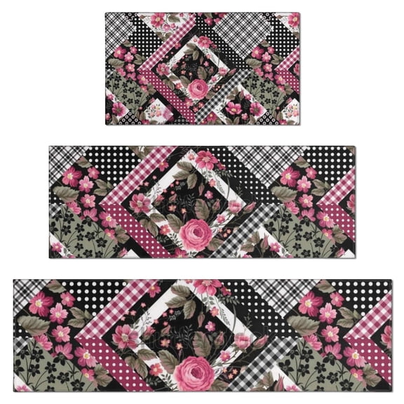Pioneer Flower Floral Print Pattern Kitchen Rugs Sets Of 3,Kitchen Runner Rugs Non Skid Washable,Decorative Kitchen Floor Mats for Kitchen,Sink,Laundry,17"x30"+ 17"x47" + 17"x59"