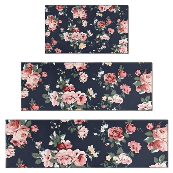 Pioneer Flower Floral Print Pattern Kitchen Rugs Sets Of 3,Kitchen Runner Rugs Non Skid Washable,Decorative Kitchen Floor Mats for Kitchen,Sink,Laundry,17"x30"+ 17"x47" + 17"x59"