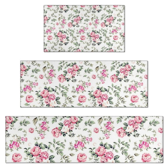 Pioneer Flower Floral Print Pattern Kitchen Rugs Sets Of 3,Kitchen Runner Rugs Non Skid Washable,Decorative Kitchen Floor Mats for Kitchen,Sink,Laundry,17"x30"+ 17"x47" + 17"x59"