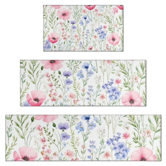 Pioneer Flower Floral Print Pattern Kitchen Rugs Sets Of 3,Kitchen Runner Rugs Non Skid Washable,Decorative Kitchen Floor Mats for Kitchen,Sink,Laundry,17"x30"+ 17"x47" + 17"x59"