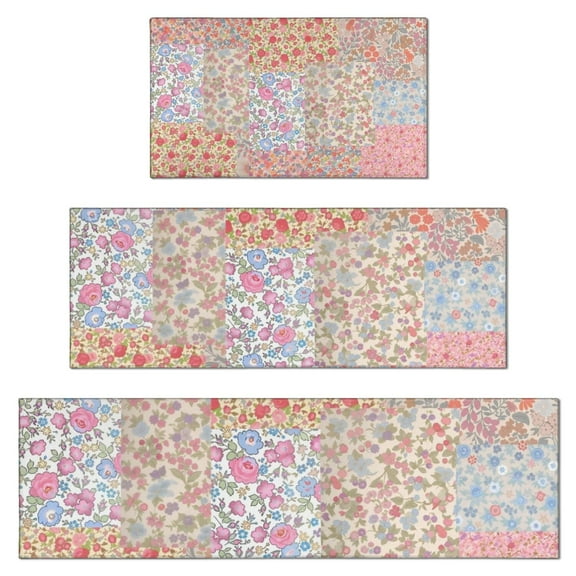 Pioneer Flower Floral Print Pattern Kitchen Rugs Sets Of 3,Kitchen Runner Rugs Non Skid Washable,Decorative Kitchen Floor Mats for Kitchen,Sink,Laundry,17"x30"+ 17"x47" + 17"x59"