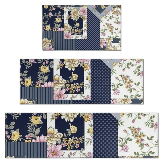 Pioneer Flower Floral Print Pattern Kitchen Rugs Sets Of 3,Kitchen Runner Rugs Non Skid Washable,Decorative Kitchen Floor Mats for Kitchen,Sink,Laundry,17"x30"+ 17"x47" + 17"x59"
