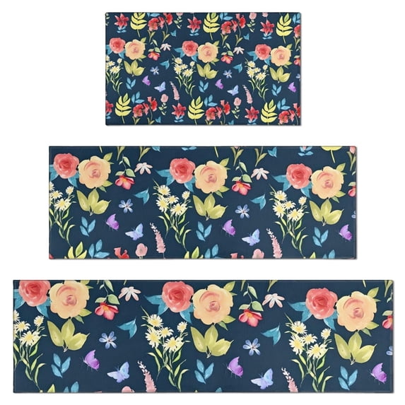 Pioneer Flower Floral Print Pattern Kitchen Rugs Sets Of 3,Kitchen Runner Rugs Non Skid Washable,Decorative Kitchen Floor Mats for Kitchen,Sink,Laundry,17"x30"+ 17"x47" + 17"x59"
