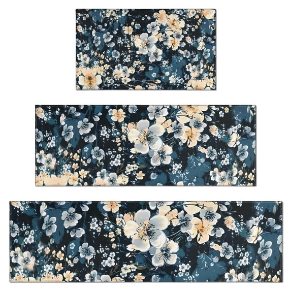 Pioneer Flower Floral Print Pattern Kitchen Rugs Sets Of 3,Kitchen Runner Rugs Non Skid Washable,Decorative Kitchen Floor Mats for Kitchen,Sink,Laundry,17"x30"+ 17"x47" + 17"x59"