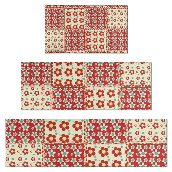 Pioneer Flower Floral Print Pattern Kitchen Rugs Sets Of 3,Kitchen Runner Rugs Non Skid Washable,Decorative Kitchen Floor Mats for Kitchen,Sink,Laundry,17"x30"+ 17"x47" + 17"x59"