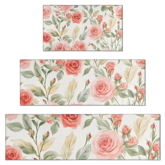 Pioneer Flower Floral Print Pattern Kitchen Rugs Sets Of 3,Kitchen Runner Rugs Non Skid Washable,Decorative Kitchen Floor Mats for Kitchen,Sink,Laundry,17"x30"+ 17"x47" + 17"x59"