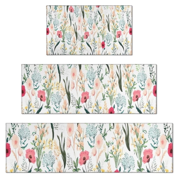 Pioneer Flower Floral Print Pattern Kitchen Rugs Sets Of 3,Kitchen Runner Rugs Non Skid Washable,Decorative Kitchen Floor Mats for Kitchen,Sink,Laundry,17"x30"+ 17"x47" + 17"x59"