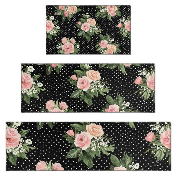 Pioneer Flower Floral Print Pattern Kitchen Rugs Sets Of 3,Kitchen Runner Rugs Non Skid Washable,Decorative Kitchen Floor Mats for Kitchen,Sink,Laundry,17"x30"+ 17"x47" + 17"x59"