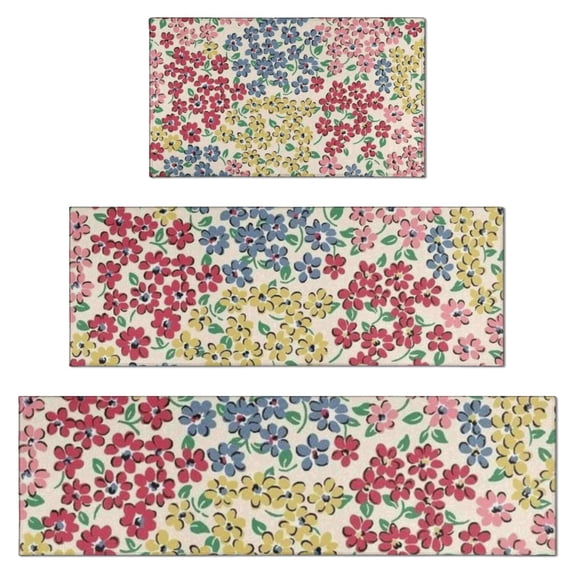 Pioneer Flower Floral Print Pattern Kitchen Rugs Sets Of 3,Kitchen Runner Rugs Non Skid Washable,Decorative Kitchen Floor Mats for Kitchen,Sink,Laundry,17"x30"+ 17"x47" + 17"x59"