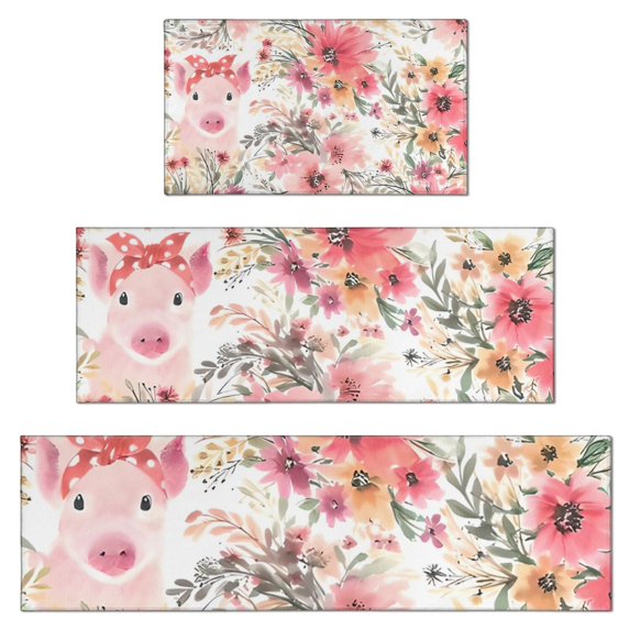Pioneer Flower Floral Print Pattern Kitchen Rugs Sets Of 3,Kitchen Runner Rugs Non Skid Washable,Decorative Kitchen Floor Mats for Kitchen,Sink,Laundry,17"x30"+ 17"x47" + 17"x59"