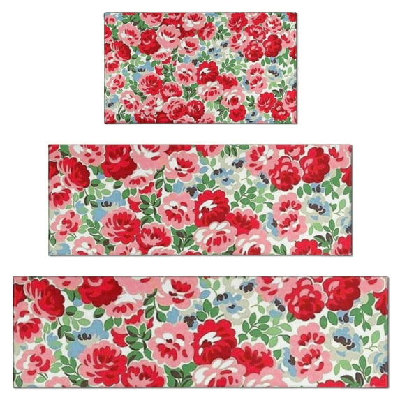 Pioneer Flower Floral Print Pattern Kitchen Rugs Sets Of 3,Kitchen Runner Rugs Non Skid Washable,Decorative Kitchen Floor Mats for Kitchen,Sink,Laundry,17"x30"+ 17"x47" + 17"x59"