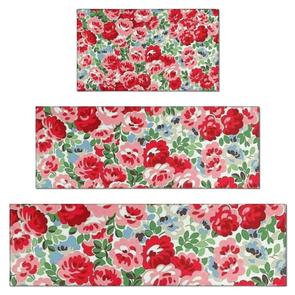 Pioneer Flower Floral Print Pattern Kitchen Rugs Sets Of 3,Kitchen Runner Rugs Non Skid Washable,Decorative Kitchen Floor Mats for Kitchen,Sink,Laundry,17"x30"+ 17"x47" + 17"x59"