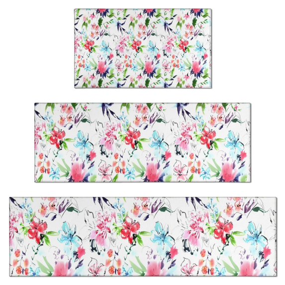 Pioneer Flower Floral Print Pattern Kitchen Rugs Sets Of 3,Kitchen Runner Rugs Non Skid Washable,Decorative Kitchen Floor Mats for Kitchen,Sink,Laundry,17"x30"+ 17"x47" + 17"x59"