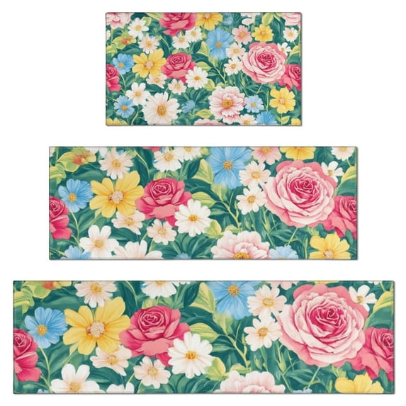 Pioneer Flower Floral Print Pattern Kitchen Rugs Sets Of 3,Kitchen Runner Rugs Non Skid Washable,Decorative Kitchen Floor Mats for Kitchen,Sink,Laundry,17"x30"+ 17"x47" + 17"x59"