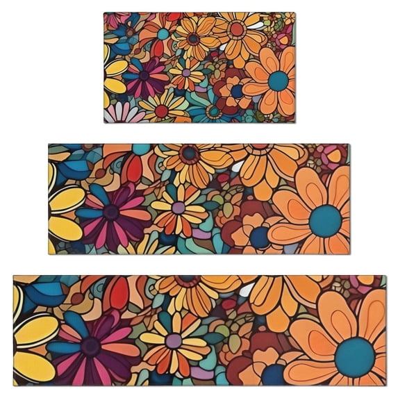 Pioneer Flower Floral Print Pattern Kitchen Rugs Sets Of 3,Kitchen Runner Rugs Non Skid Washable,Decorative Kitchen Floor Mats for Kitchen,Sink,Laundry,17"x30"+ 17"x47" + 17"x59"