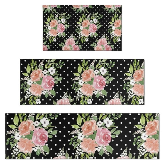 Pioneer Flower Floral Print Pattern Kitchen Rugs Sets Of 3,Kitchen Runner Rugs Non Skid Washable,Decorative Kitchen Floor Mats for Kitchen,Sink,Laundry,17"x30"+ 17"x47" + 17"x59"
