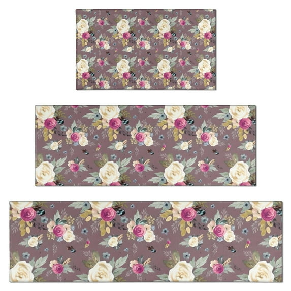 Pioneer Flower Floral Print Pattern Kitchen Rugs Sets Of 3,Kitchen Runner Rugs Non Skid Washable,Decorative Kitchen Floor Mats for Kitchen,Sink,Laundry,17"x30"+ 17"x47" + 17"x59"