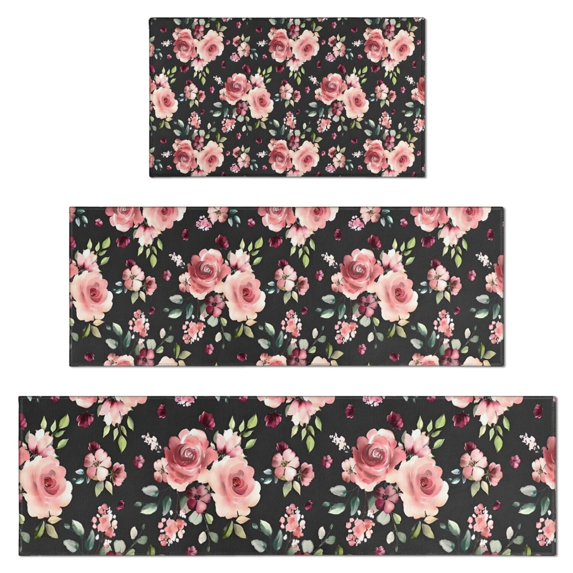 Pioneer Flower Floral Print Pattern Kitchen Rugs Sets Of 3,Kitchen Runner Rugs Non Skid Washable,Decorative Kitchen Floor Mats for Kitchen,Sink,Laundry,17"x30"+ 17"x47" + 17"x59"