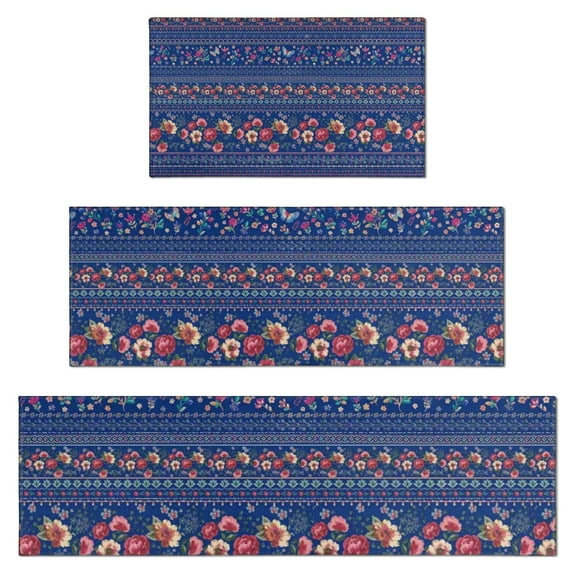 Pioneer Flower Floral Print Pattern Kitchen Rugs Sets Of 3,Kitchen Runner Rugs Non Skid Washable,Decorative Kitchen Floor Mats for Kitchen,Sink,Laundry,17"x30"+ 17"x47" + 17"x59"