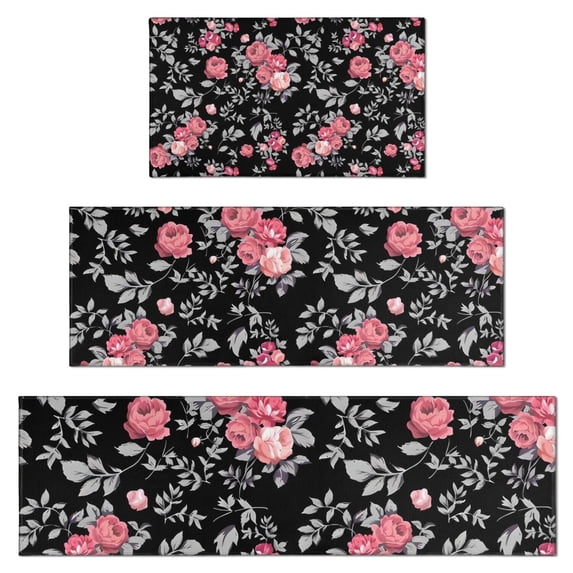 Pioneer Flower Floral Print Pattern Kitchen Rugs Sets Of 3,Kitchen Runner Rugs Non Skid Washable,Decorative Kitchen Floor Mats for Kitchen,Sink,Laundry,17"x30"+ 17"x47" + 17"x59"