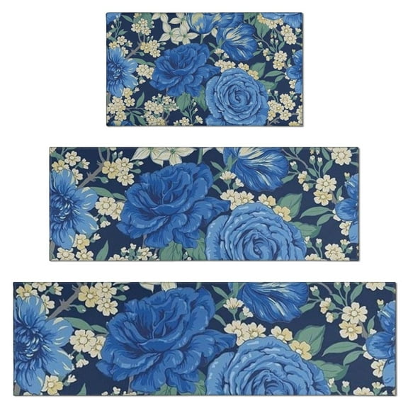 Pioneer Flower Floral Print Pattern Kitchen Rugs Sets Of 3,Kitchen Runner Rugs Non Skid Washable,Decorative Kitchen Floor Mats for Kitchen,Sink,Laundry,17"x30"+ 17"x47" + 17"x59"