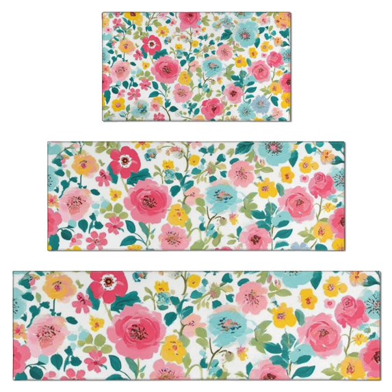 Pioneer Flower Floral Print Pattern Kitchen Rugs Sets Of 3,Kitchen Runner Rugs Non Skid Washable,Decorative Kitchen Floor Mats for Kitchen,Sink,Laundry,17"x30"+ 17"x47" + 17"x59"